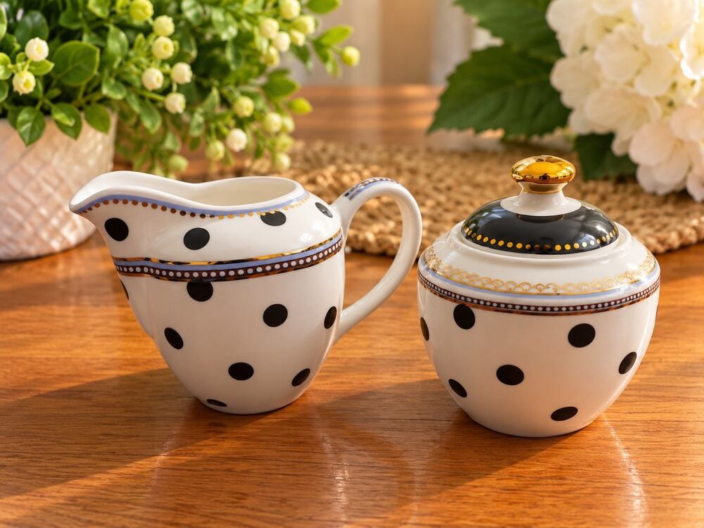 Fine Porcelain Sugar & Creamer Set by Grace Teaware: the Scallop Navy Series EUC